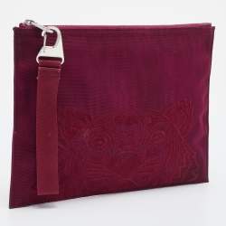 Pre Owned Kenzo Burgundy Canvas Tiger Embroidery Wristlet Pouch