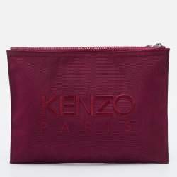 Pre Owned Kenzo Burgundy Canvas Tiger Embroidery Wristlet Pouch