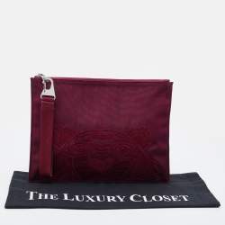 Pre Owned Kenzo Burgundy Canvas Tiger Embroidery Wristlet Pouch