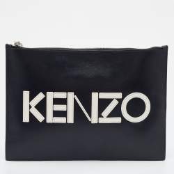 Pre Owned Kenzo Black Leather Logo Zipped Pouch
