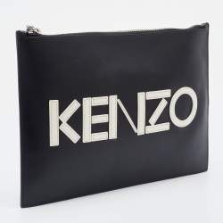 Pre Owned Kenzo Black Leather Logo Zipped Pouch