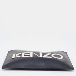 Pre Owned Kenzo Black Leather Logo Zipped Pouch