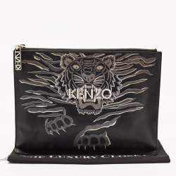 Pre Owned Kenzo Black Tiger Embroidered Leather Zip Flat Pouch