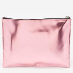 Pre Owned Kenzo Metallic Pink Leather Logo Top Zip Pouch