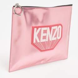 Pre Owned Kenzo Metallic Pink Leather Logo Top Zip Pouch