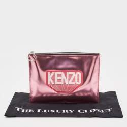 Pre Owned Kenzo Metallic Pink Leather Logo Top Zip Pouch