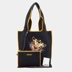Pre Owned Kenzo Black/Yellow Canvas Contrasting Details Tote