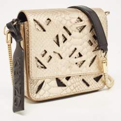 Kenzo Gold/Black Python Embossed and Leather Lasercut Flap Bag