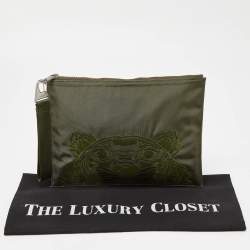 Kenzo Green Tiger Embroidered Canvas Zip Flat Pouch