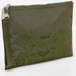 Kenzo Green Tiger Embroidered Canvas Zip Flat Pouch