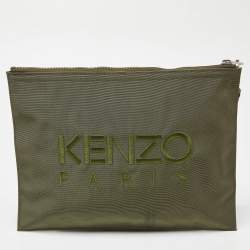 Kenzo Green Tiger Embroidered Canvas Zip Flat Pouch