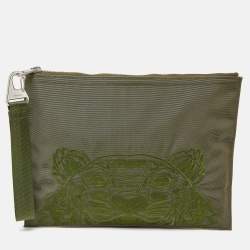 Kenzo Green Tiger Embroidered Canvas Zip Flat Pouch