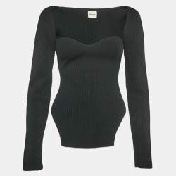 Khaite Black Rib Knit Sweetheart Neck Full Sleeve Top L