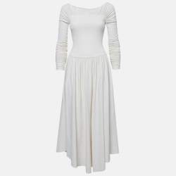 Khaite Off-White Knit Ruched Fit and Flare Midi Dress S