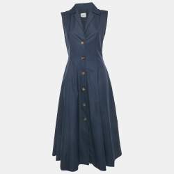 Pre Owned Khaite Navy Blue Cotton Flared Sleeveless Midi Dress M