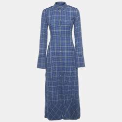 Pre Owned Khaite Blue Houndstooth Cotton Blend Daniella Midi Dress XS 