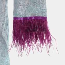 Pre Owned Koh Sui Metallic Lurex Button Front Feather Detail Cut-Out Mini Dress M