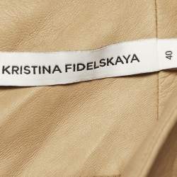 Pre Owned بنطلون كريستينا فيدلسكايا جلد بيج مطوي بمقاس صغير جدًا (إكس سمول)