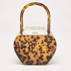 L'Afshar Brown Leopard Print Acrylic Top Handle Bag