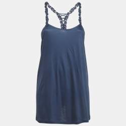 Pre Owned تاンク توب لا بيرلا أزرق داكن بجيرسي وتفاصيل دانتيل مقاس كبير (لارج)