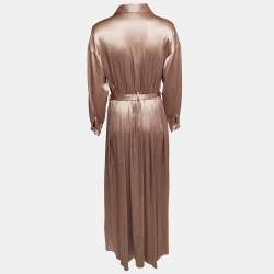L' Agence Champagne Brown Crinkled Satin Belted Maxi Shirt Dress S