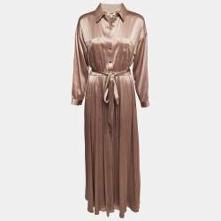 L' Agence Champagne Brown Crinkled Satin Belted Maxi Shirt Dress S