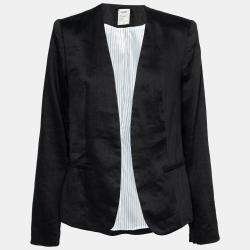 L'Agence Black Linen Open Front Sleeve Slit Detail Blazer M