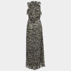 L'agence Brown Abstract Printed Silk Sophie Flutter Maxi Dress M 