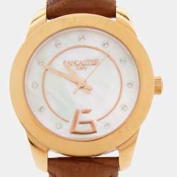 Pre Owned Lancaster Mother of Pearl Rose Gold Plated Stainless Steel Leather Crystallized REF.0632 Women's Wristwatch 33 mm