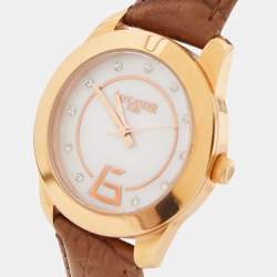 Pre Owned Lancaster Mother of Pearl Rose Gold Plated Stainless Steel Leather Crystallized REF.0632 Women's Wristwatch 33 mm