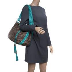 Pre Owned Lancel Brown/Aqua Green Signature Canvas and Leather Shoulder Bag