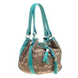 Pre Owned Lancel Brown/Aqua Green Signature Canvas and Leather Shoulder Bag