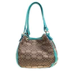 Pre Owned Lancel Brown/Aqua Green Signature Canvas and Leather Shoulder Bag