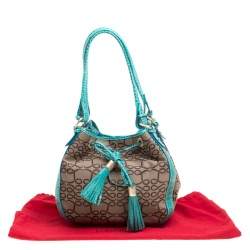 Pre Owned Lancel Brown/Aqua Green Signature Canvas and Leather Shoulder Bag