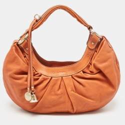 Lancel Orange Pleated Leather Bell Hobo