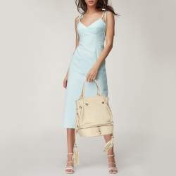 Lancel Cream Leather Drawstring Tassel Tote