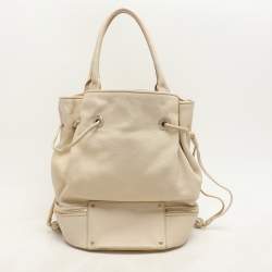 Lancel Cream Leather Drawstring Tassel Tote