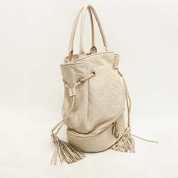 Lancel Cream Leather Drawstring Tassel Tote