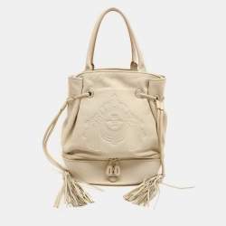Lancel Cream Leather Drawstring Tassel Tote