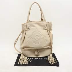 Lancel Cream Leather Drawstring Tassel Tote