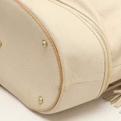 Lancel Cream Leather Drawstring Tassel Tote