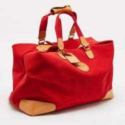 Lancel Red/Tan Canvas and Leather Trim Weekend Duffel Bag