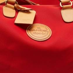 Lancel Red/Tan Canvas and Leather Trim Weekend Duffel Bag