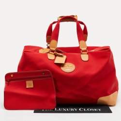 Lancel Red/Tan Canvas and Leather Trim Weekend Duffel Bag
