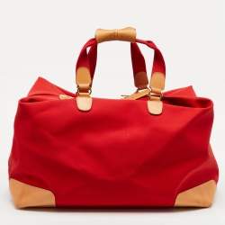 Lancel Red/Tan Canvas and Leather Trim Weekend Duffel Bag