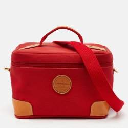 Pre Owned Lancel Red/Tan Canvas and Leather Trim Vanity Travel Bag