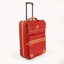 Lancel Red/Tan Canvas and Leather Rolling Suitcase Luggage
