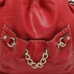 Pre Owned Lancel Red Leather Drawstring Hobo