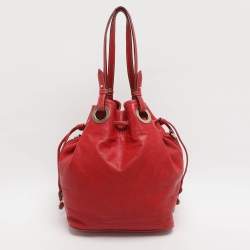 Pre Owned Lancel Red Leather Drawstring Hobo