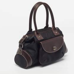 Pre Owned Lancel Front Pocket Black/Dark Brown Nylon and Leather Satchel